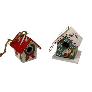 Set of 2‎ Vintage Hygge Wooden Bird House Ornaments Santa Christmas